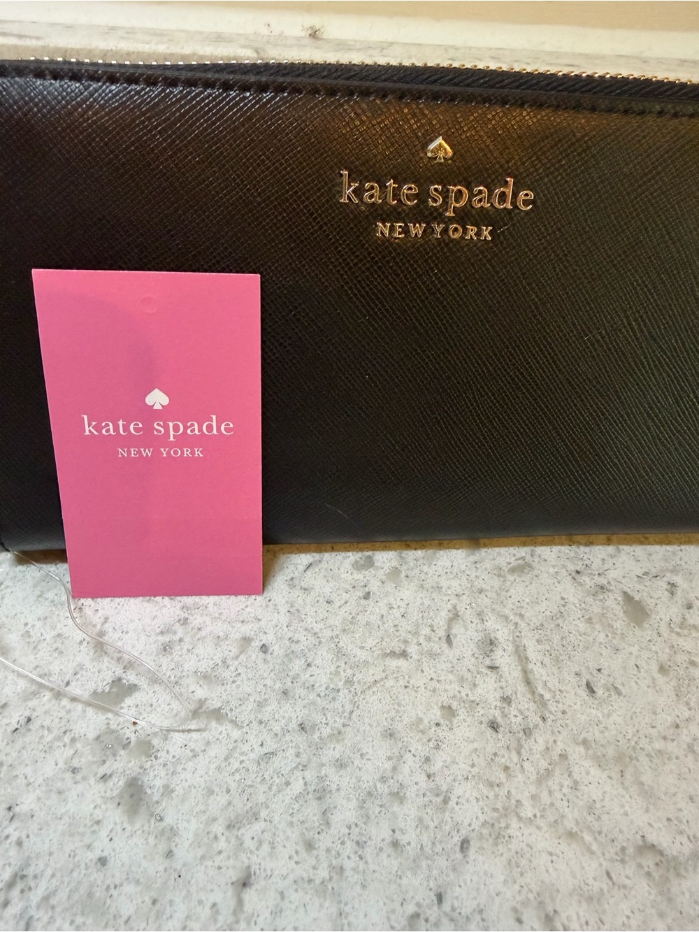 kate spade black saffiano leather zip wallet with gold logo